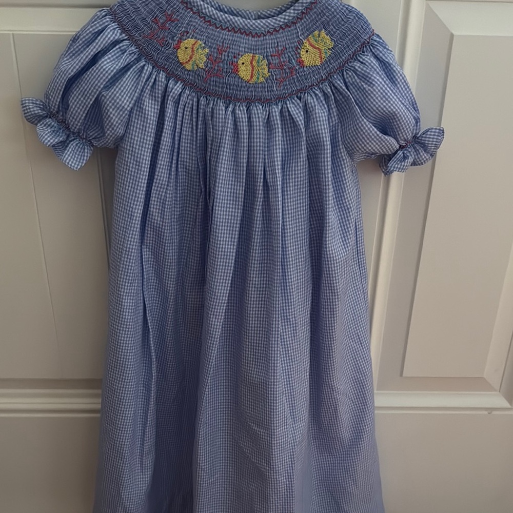 Blue Gingham Smocked Dress with Fish Embroidery 4t